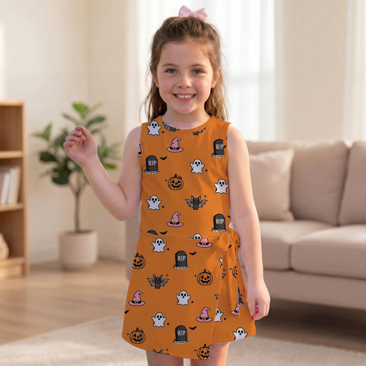 Orange Halloween Ghost Tennis Dress, Pumpkin Bat Witch Print Tie Front Skort Dress