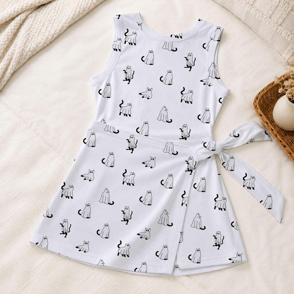 Ghost Cat Halloween Tennis Dress, Black White Sheet Costume Kitty Pattern, Spooky Minimalist Tie Front Skort Dress