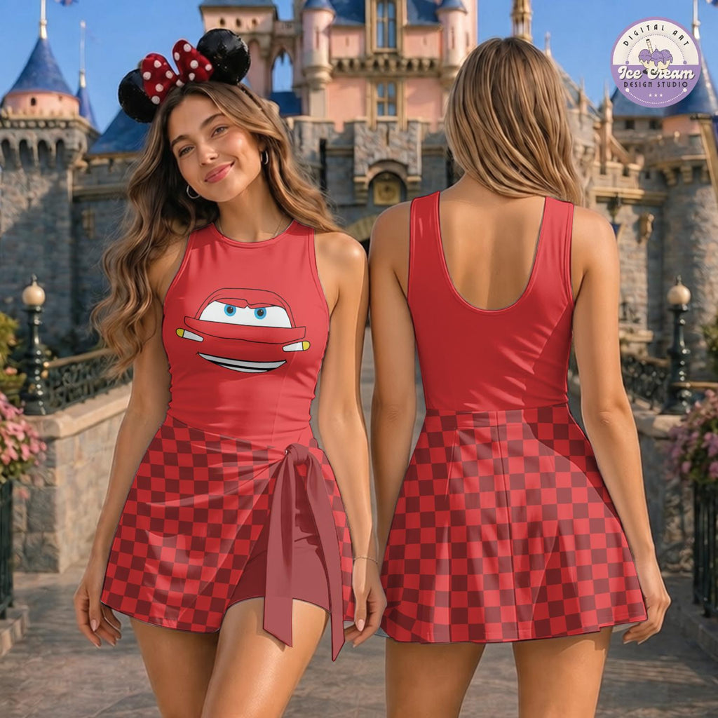 Disney Cars Characters Checkered Tennis Dress, Lightning McQueen Sally Tow Mater Skort, Girls Dress Halloween Costume Outfit, Gift for Her