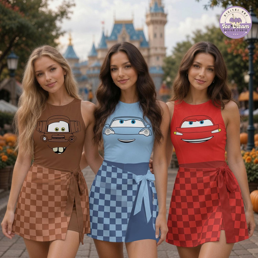 Disney Cars Characters Checkered Tennis Dress, Lightning McQueen Sally Tow Mater Skort, Girls Dress Halloween Costume Outfit, Gift for Her