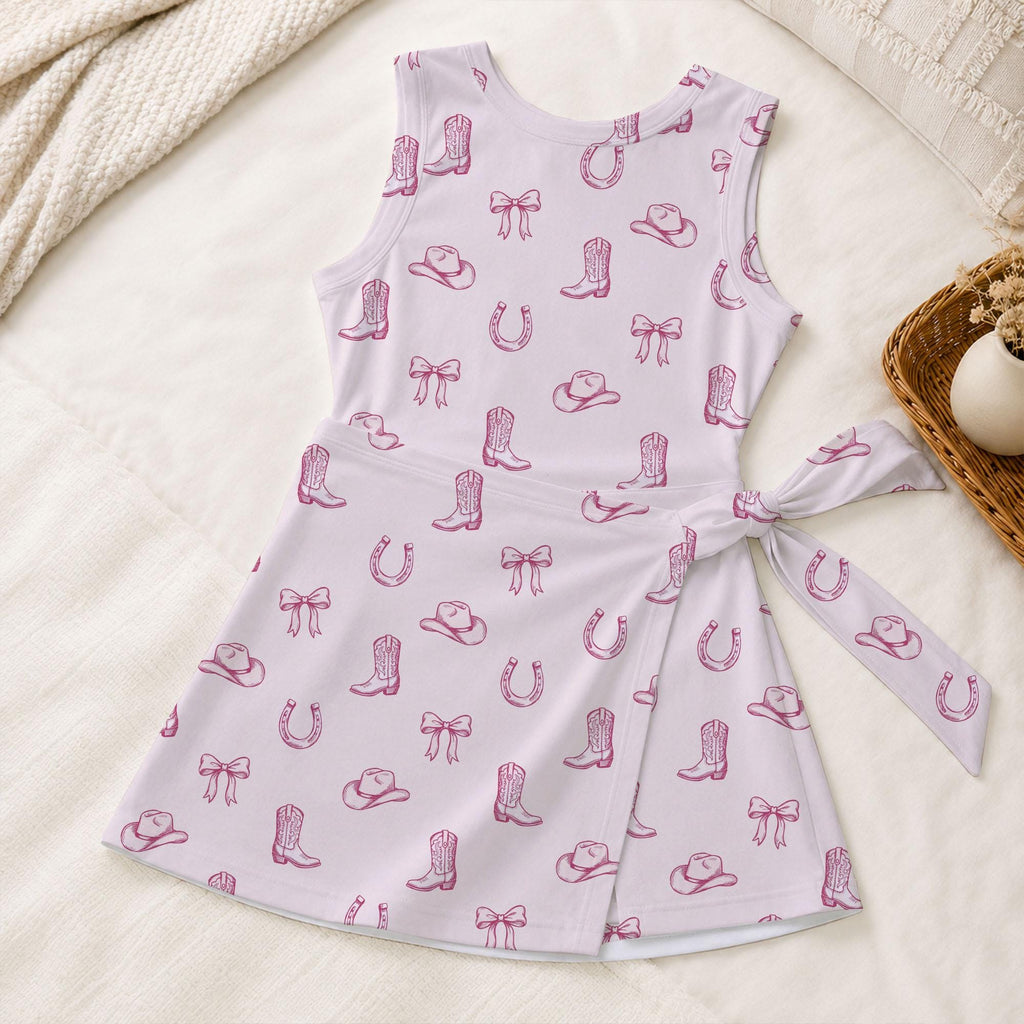 Cowgirl Pink Pattern Tennis Dress, Western Bow Boots Activewear, Countryside Coquette Horseshoe Skort