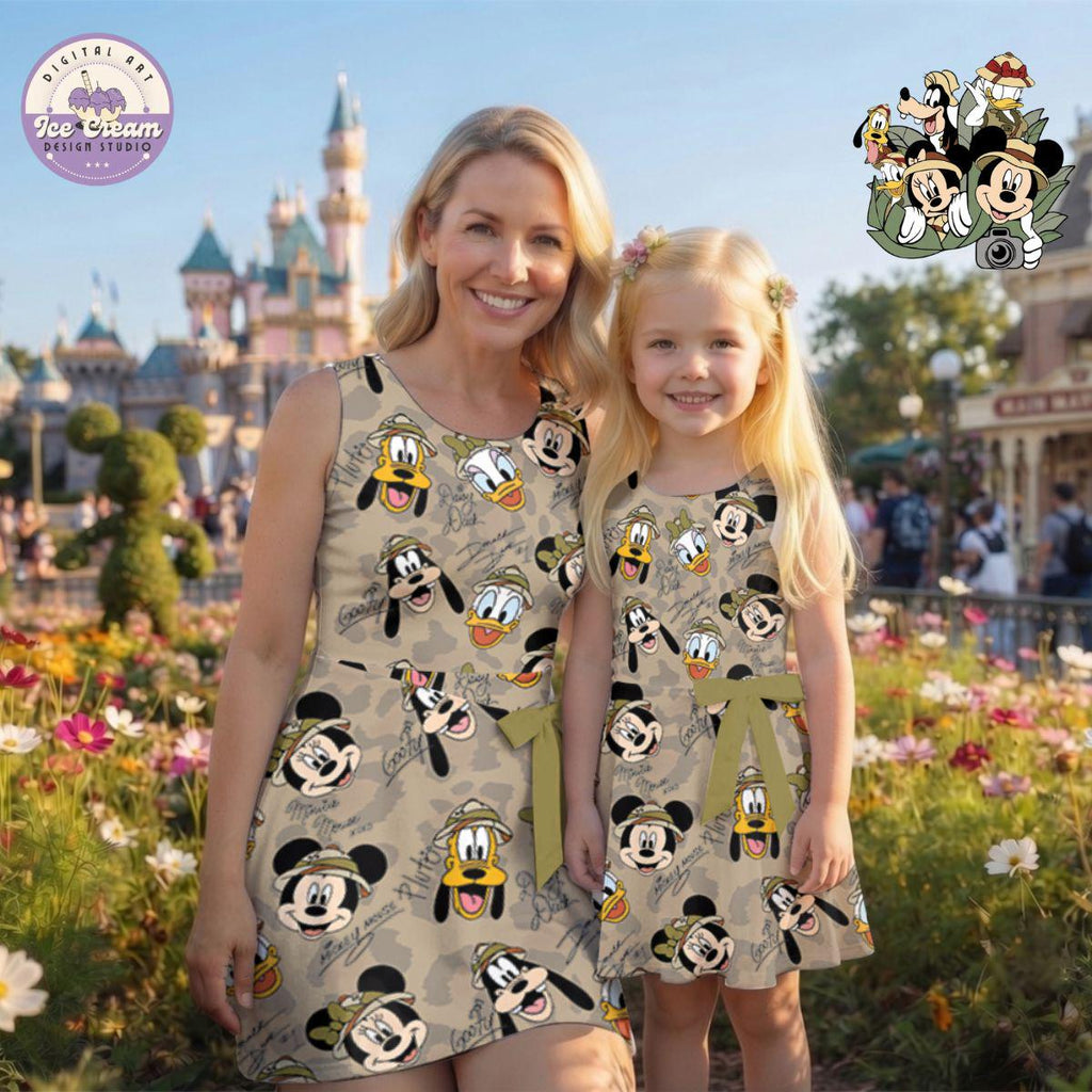 Mickey And Friend Safari Tennis Dress Skirt, Mommy and Me Animal Kingdom Camo Skort, Sketch Mouse Sport Outfit, Summer Park Vacation Apparel