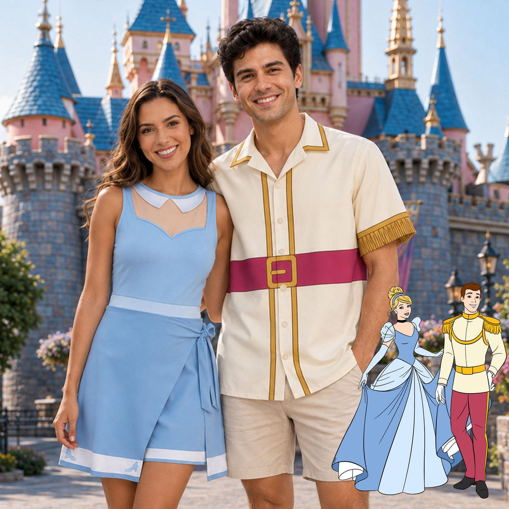Cinderella Princess Inspired Wrap Skort Dress, Prince Charming Hawaiian Shirt, Cinderella Blue Dress, Couples Cosplay Costume, Park Outfit