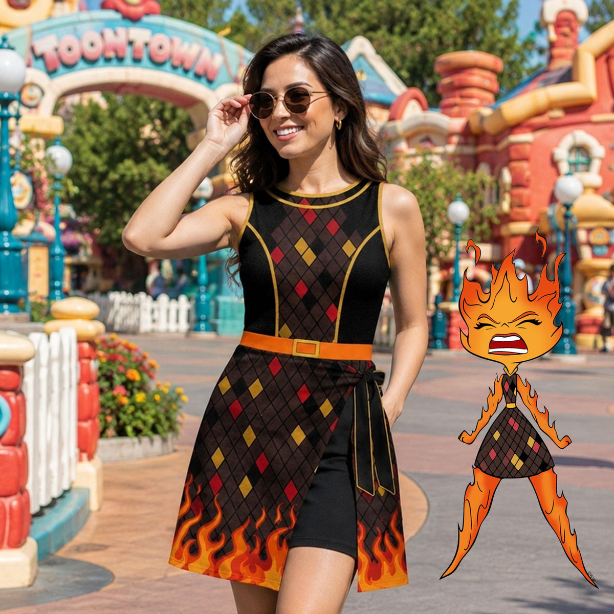Elemental Ember Wrap Skort Dress, Wade 3D Hawaiian Shirt, Couples Halloween Costume, Ember and Wade Matching Outfit, Theme Park Dress