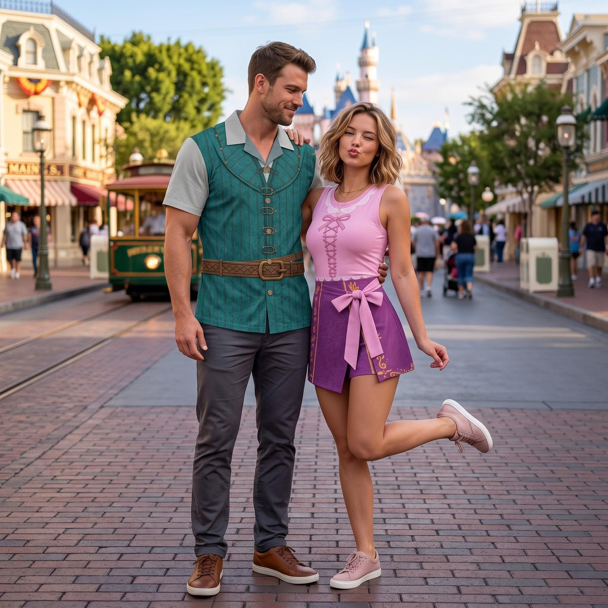 Flyz and Rapunzel Matching Outfit, Halloween Cosplay Button Shirt, Matching Couple Hawai, Princess Rapunzel Dress, Funny Family Gift