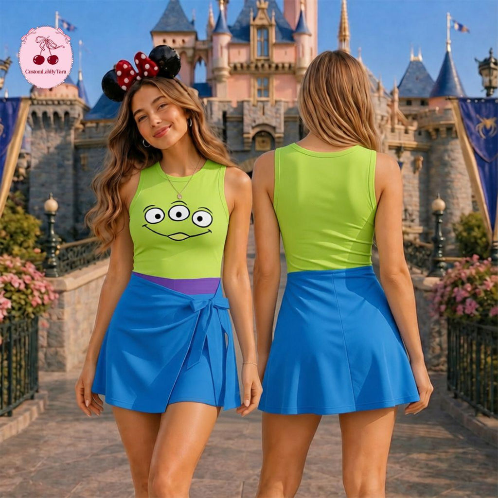 Toy Story Alien Tennis Dress, Halloween Cosplay Dress, Space Alien Inspired Outfit, Alien Face Group Dress, Pizza Planet Alien Dress