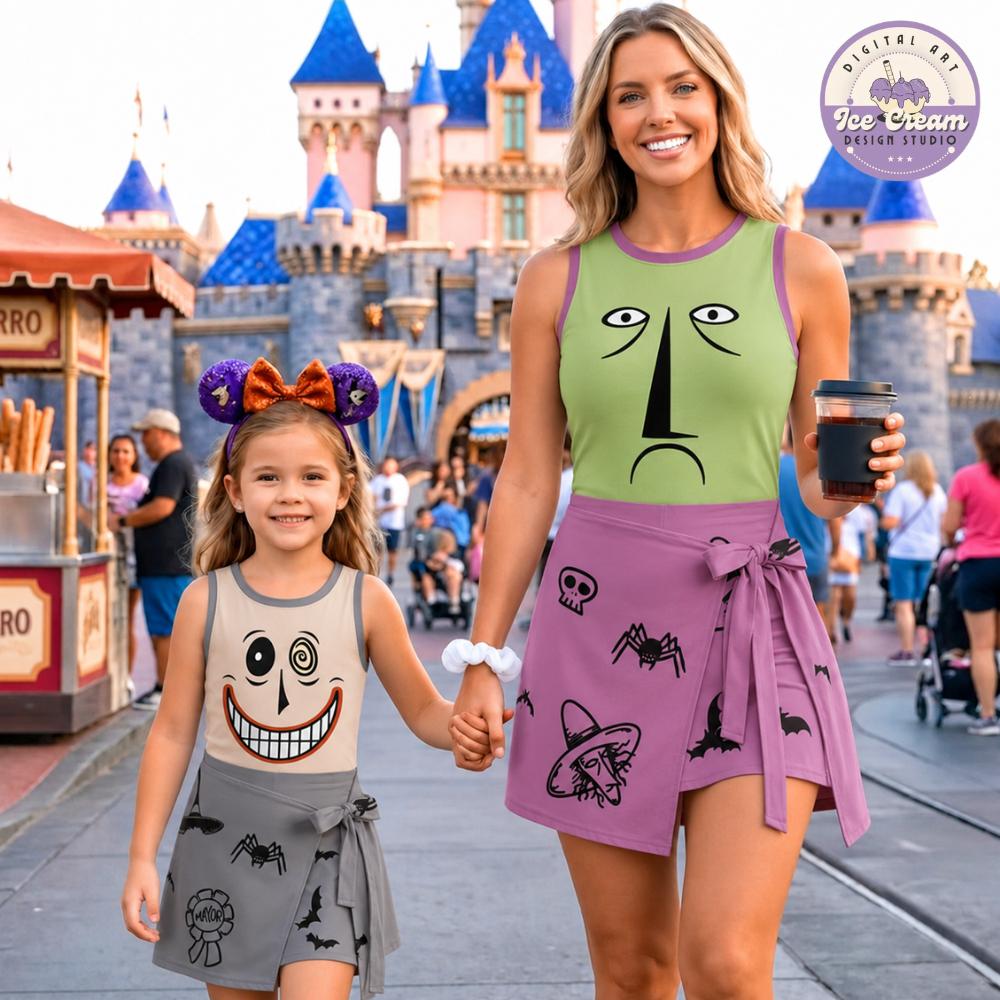 The Nightmare Before Christmas Characters Face Disney Halloween Tennis Dress, Lock Shock Barrel Oogie Boogie Womens Kids Costume Dress Skirt