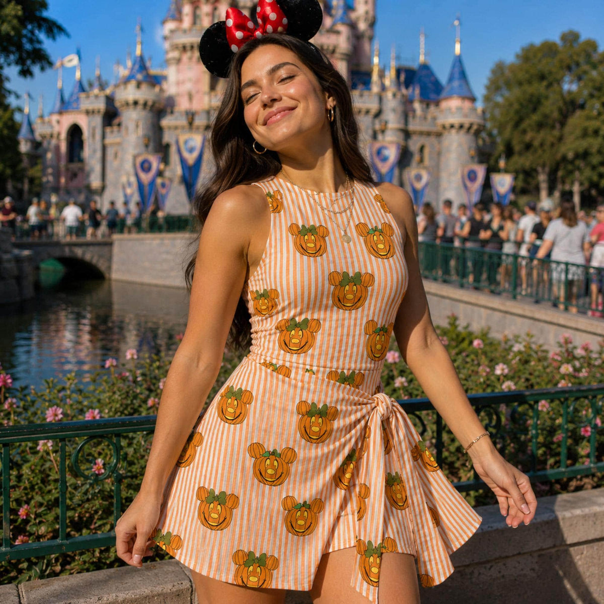 Halloween Mouse Pumpkins Striped Wrap Skort Dress, Mouse Pumpkin Head Matching Outfits, Mouse 's Not So Scary, Halloween Party Dress