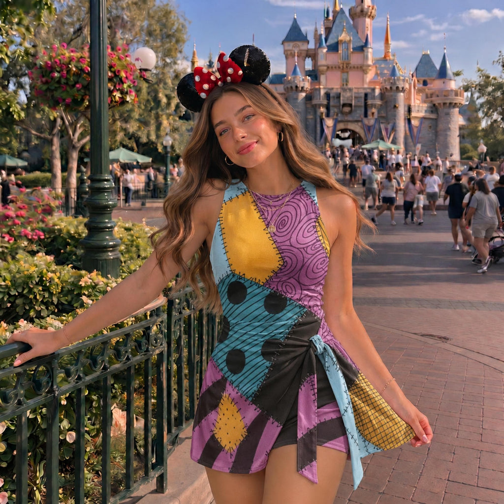 Halloween Patchwork Wrap Skort Dress, Colorful Costume Outfit, Women Cosplay Dress, Spooky Party Outfit, Girls Trip Dress