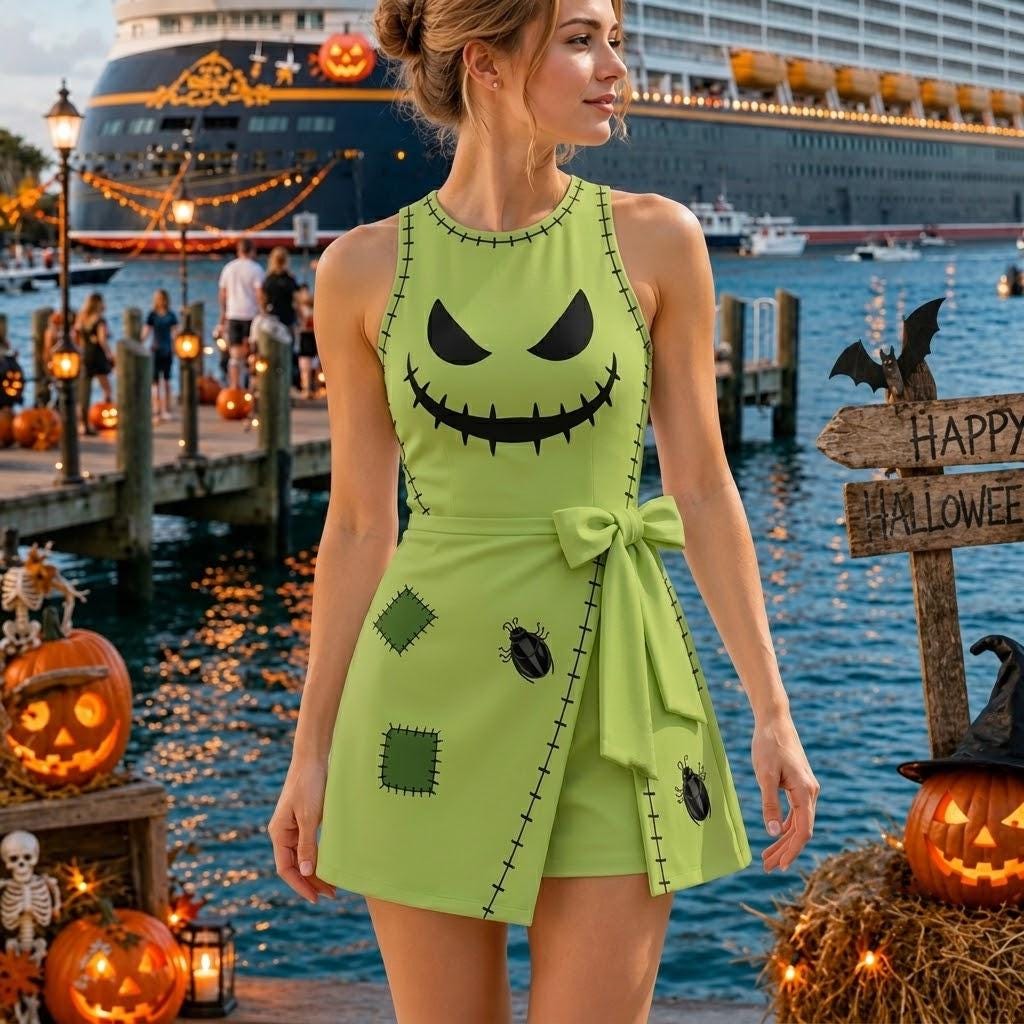 Oogie Boogie Halloween Skirt Dress, Disney Nightmare Inspired Theme Dress, Spooky Cruise Outfit, Halloween Party Dress, Cute Bow Dress