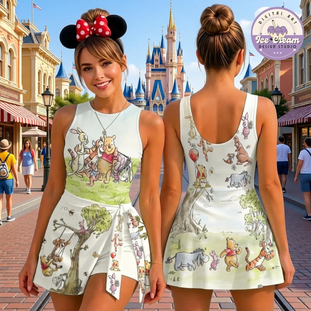 Disney Winnie The Pooh Costume Wrap Skort Dress, Pooh Bear and Friends Tennis Dress, Piglet Togger Eeyore Pooh Mom Daughter Dress Matching