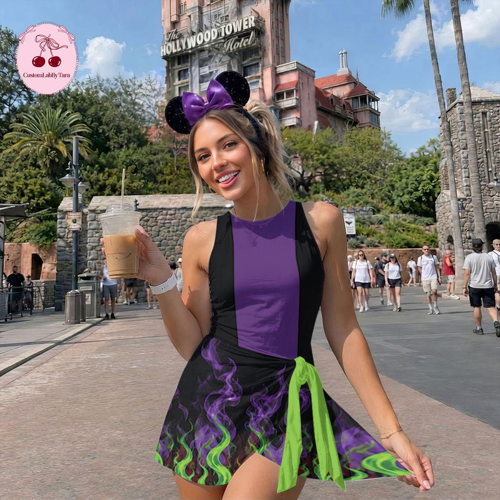 Halloween Maleficent Costume Wrap Skort Dress, Disney Villain Cosplay Outfit, Sleeping Beauty Inspired Dress, Purple Party Dress Witch Gift