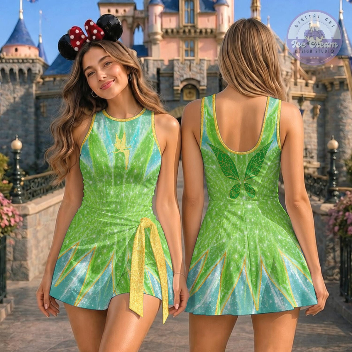 Disney Tinker Bell Fairy Costume Tennis Dress, Tinker Bell Suit Cosplay Dress Women Kid Costume Dress Skirt, Halloween All Over Print Skirt