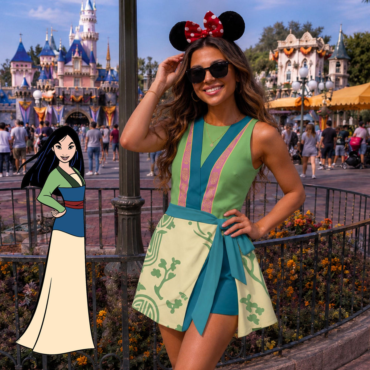 Mulan Inspired Wrap Skort Dress, Chinese Warrior Princess Cosplay Dress, Theme Park Vacation Outfit, Halloween Costume Dress