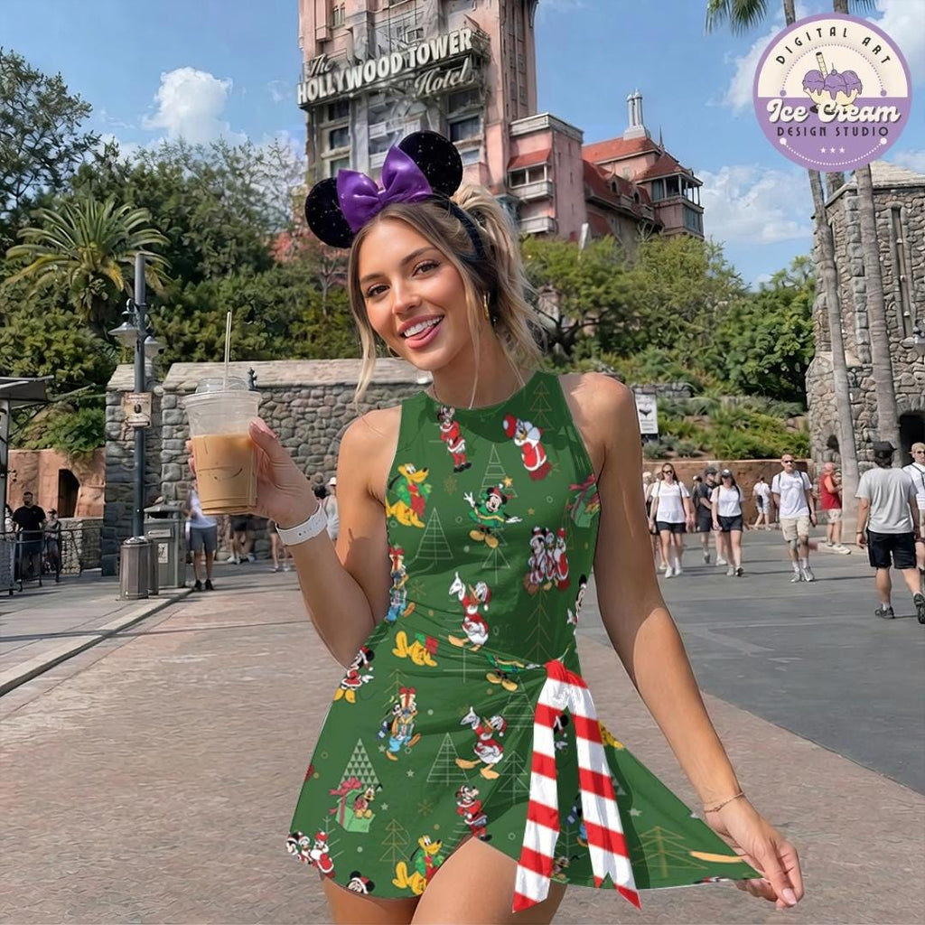 Disney Christmas Tennis Dress, Mickey's Very Merry Christmas Party 2026 Women Kids Costume Dress Skirt, Mickey and Friends Santa Activewear