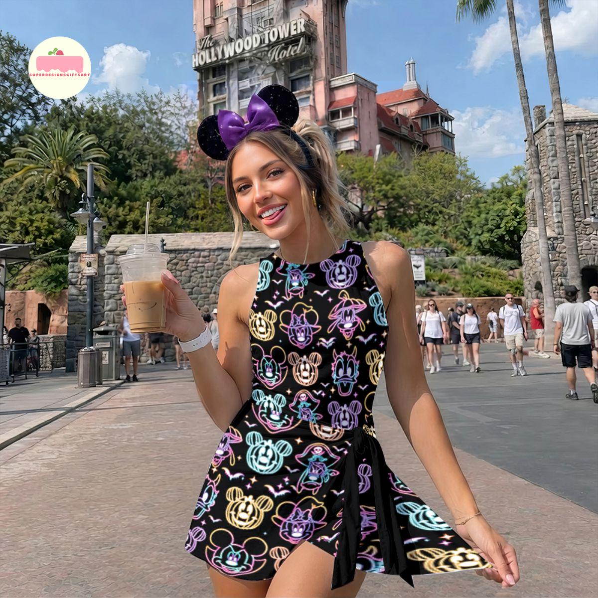 Mickey & friends Neon Pumpkin Halloween Tennis Dress, Spooky season Disney Costume Dress Skirt, WDW Disneyland Outfit, Wrap Skort Dress