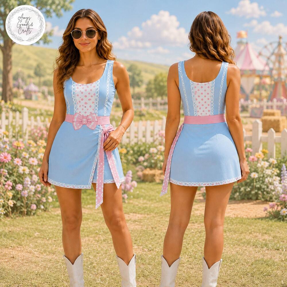 Bo Peep Dress Skirt, Toy Story Shepherdess Skirt, Pink Blue Polka Dot Outfit, Theme Park Vacation Apparel, Cute Cosplay Costume