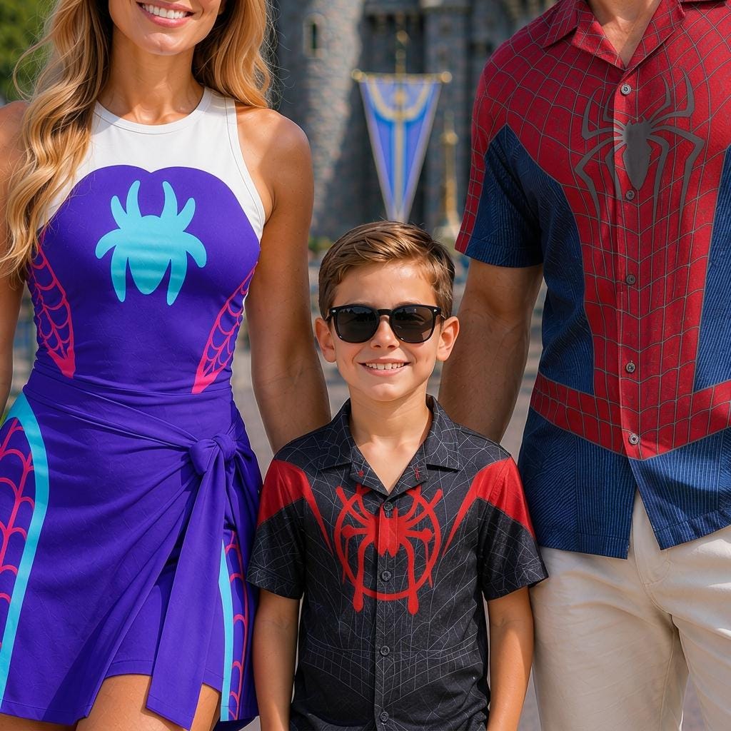 Spidey Costume Matching Family Outfit, Spiderman Button Shirt, Ghost Spider Tennis Dress, Superhero Cosplay Outfit, Disney Halloween Outfits