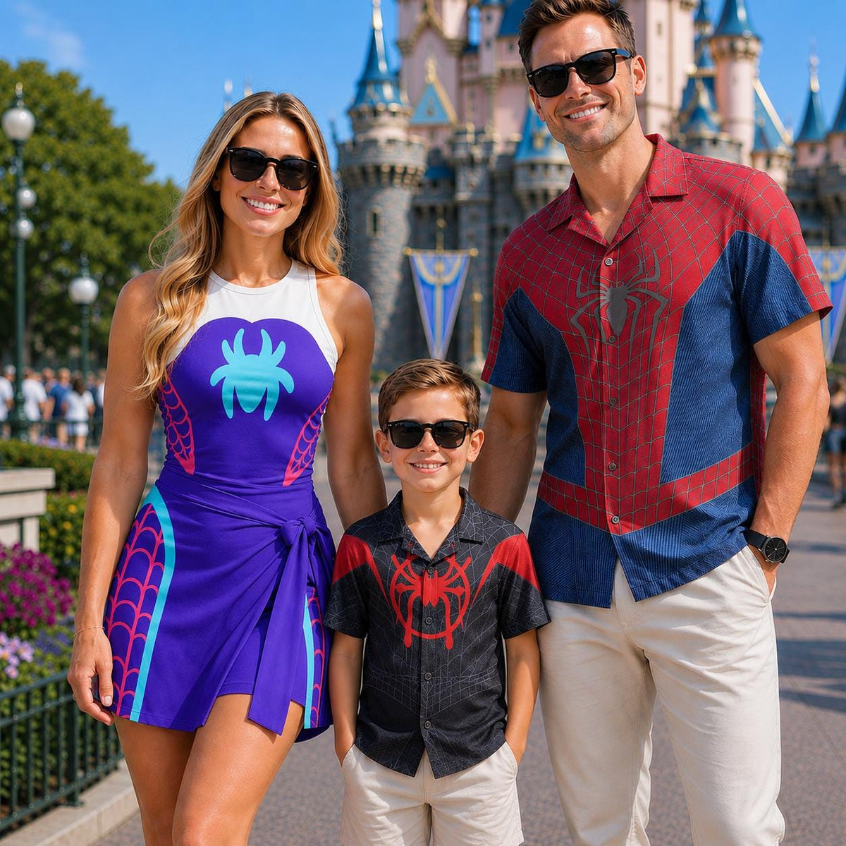 Spidey Costume Matching Family Outfit, Spiderman Button Shirt, Ghost Spider Tennis Dress, Superhero Cosplay Outfit, Disney Halloween Outfits