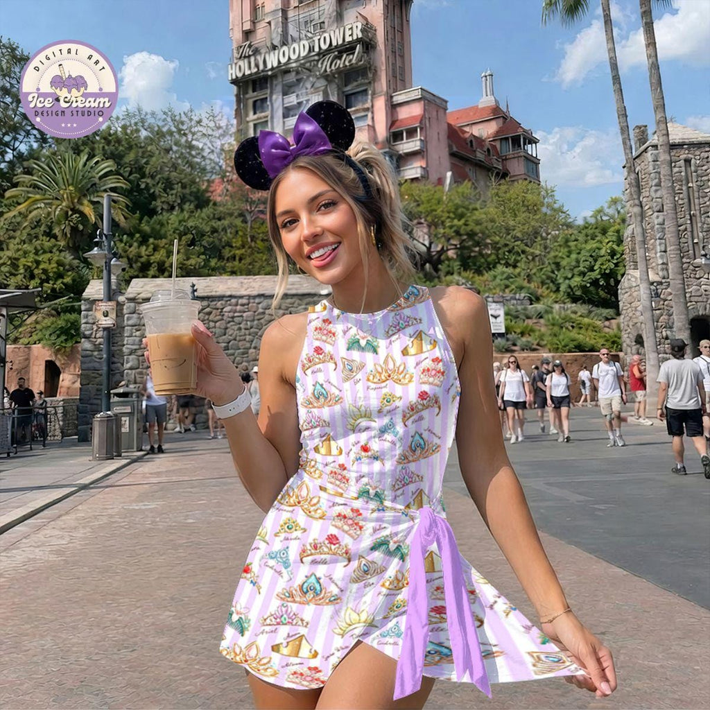 Retro Disney Princess Crown Costume Wrap Skort Dress, Princess Signatures Cosplay Dress, Striped Princess Tennis Dress, Disney Girls Trip