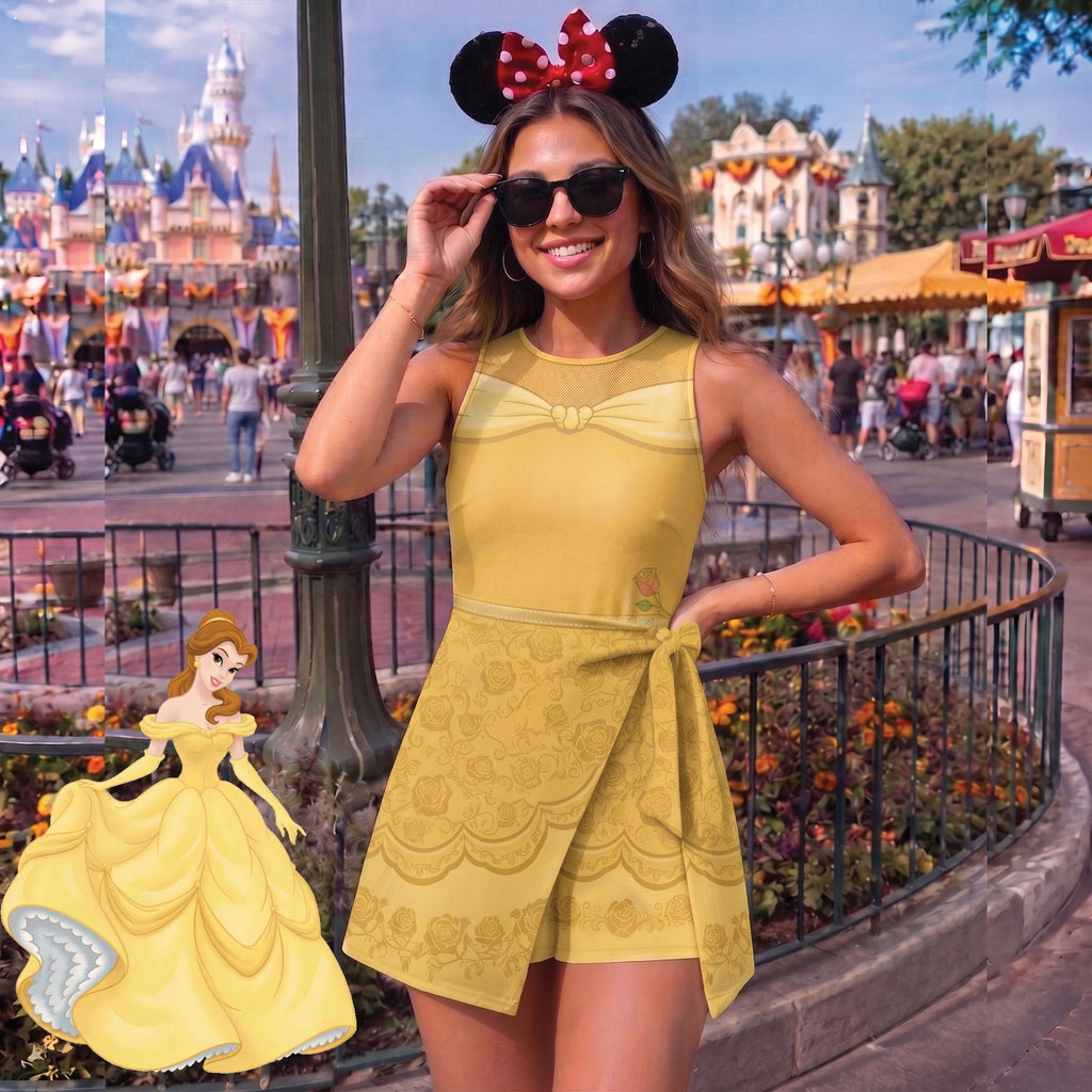Beauty and the Beast Couples Costume, Belle Wrap Skort Dress, Beast Button Down Shirt, Park Vacation Outfit, Princess Cosplay Dress