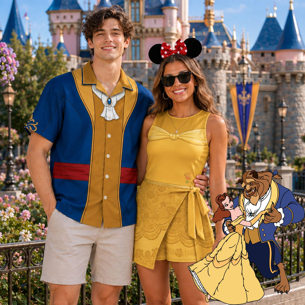 Beauty and the Beast Couples Costume, Belle Wrap Skort Dress, Beast Button Down Shirt, Park Vacation Outfit, Princess Cosplay Dress