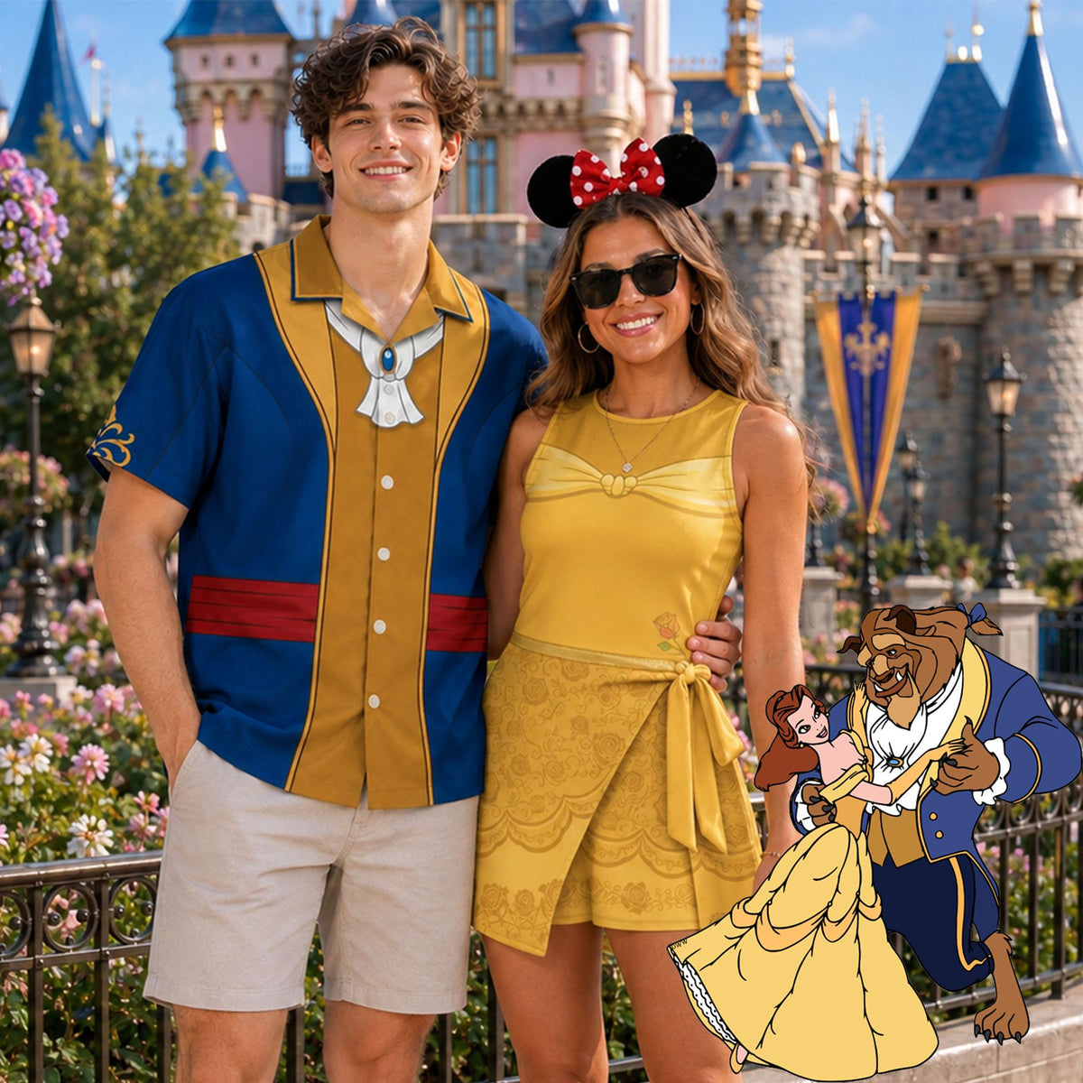 Beauty and the Beast Couples Costume, Belle Wrap Skort Dress, Beast Button Down Shirt, Park Vacation Outfit, Princess Cosplay Dress