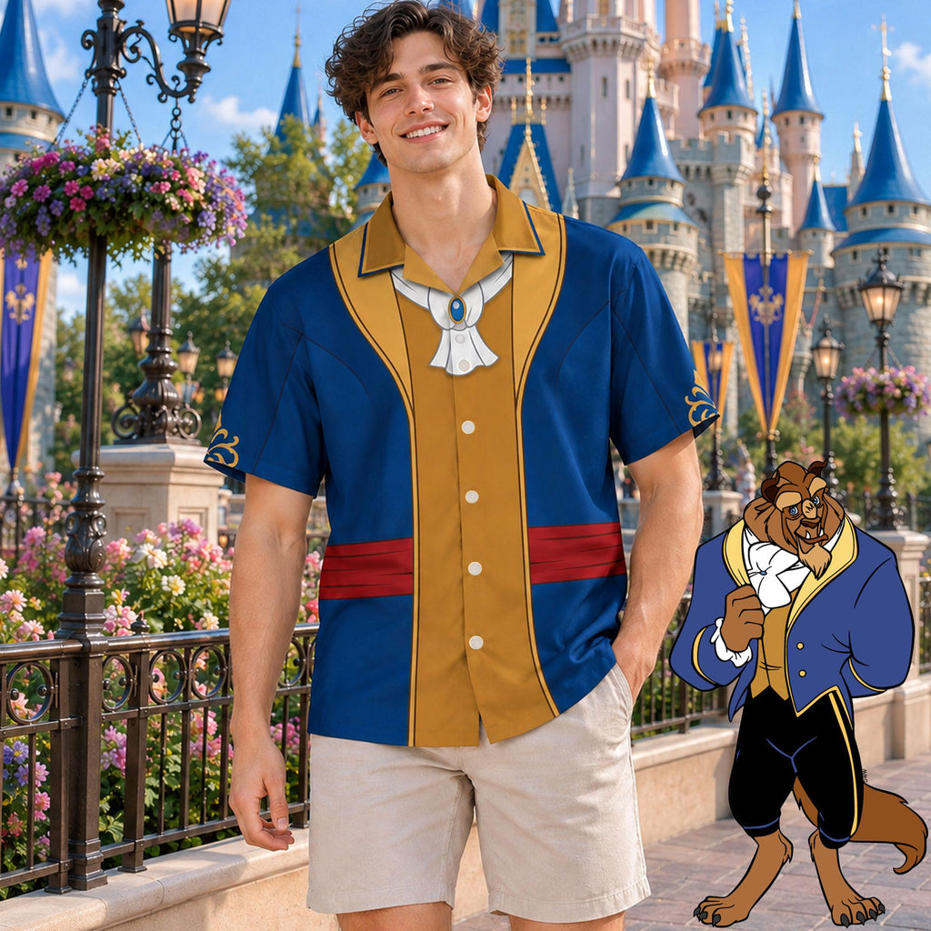 Beauty and the Beast Couples Costume, Belle Wrap Skort Dress, Beast Button Down Shirt, Park Vacation Outfit, Princess Cosplay Dress