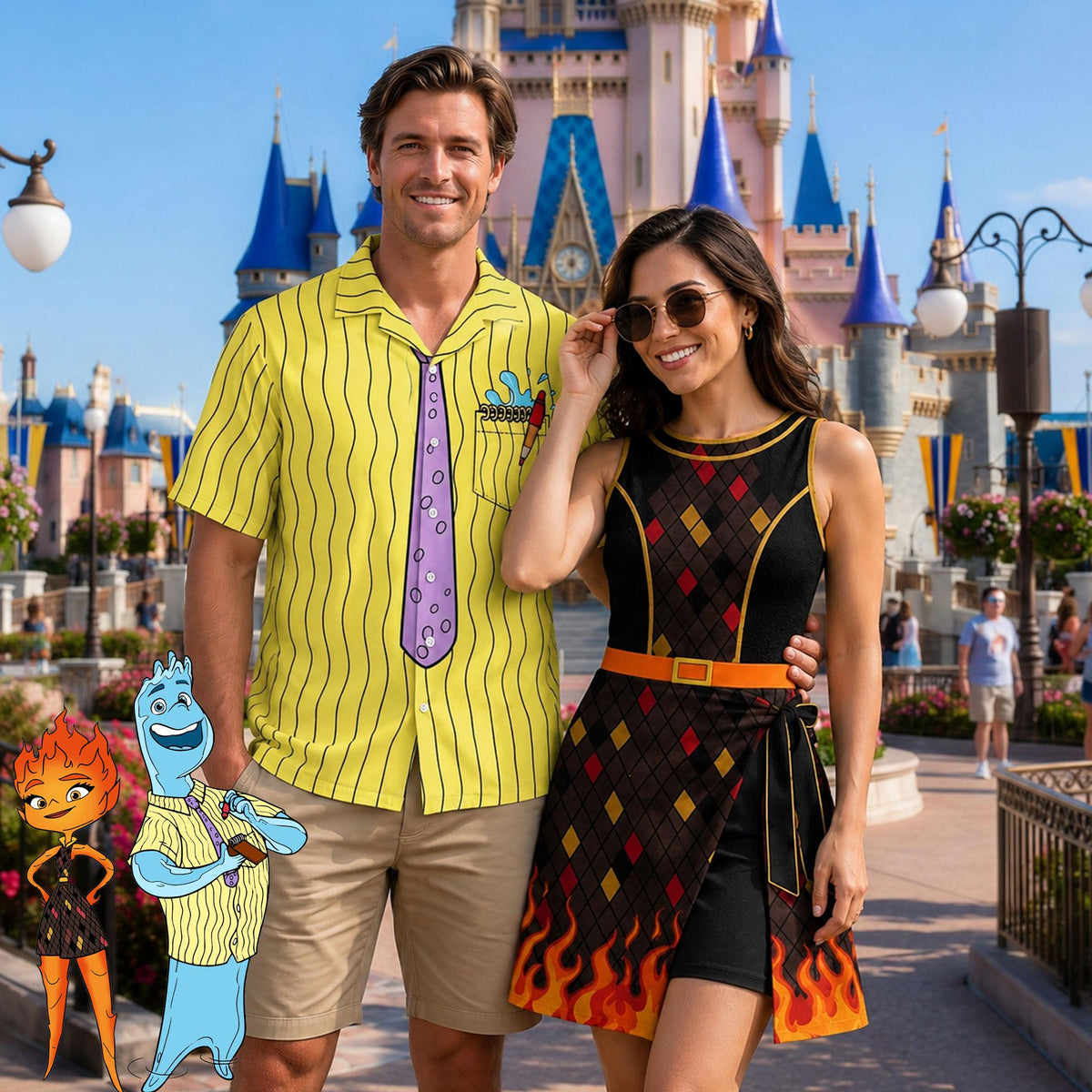 Elemental Ember Wrap Skort Dress, Wade 3D Hawaiian Shirt, Couples Halloween Costume, Ember and Wade Matching Outfit, Theme Park Dress