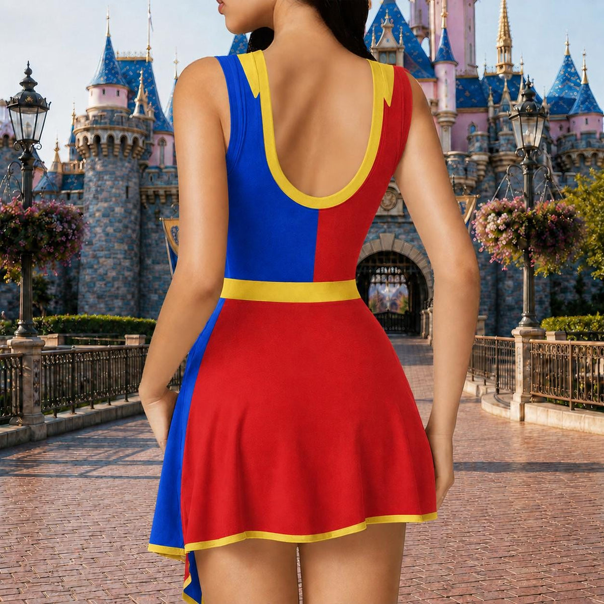 Pomni Digital Circus Inspired Dress, Halloween Costume For Women, Red Blue Clown Outfit, Spooky Cosplay Tennis Dress, Halloween Gift