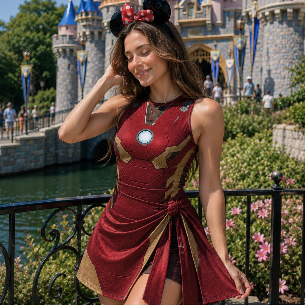 Superhero Costume Wrap Skort Dress, Red Gold Superhero Cosplay Outfit, Halloween Cosplay Dress, Girls Trip Outfit, Women Costume Dress