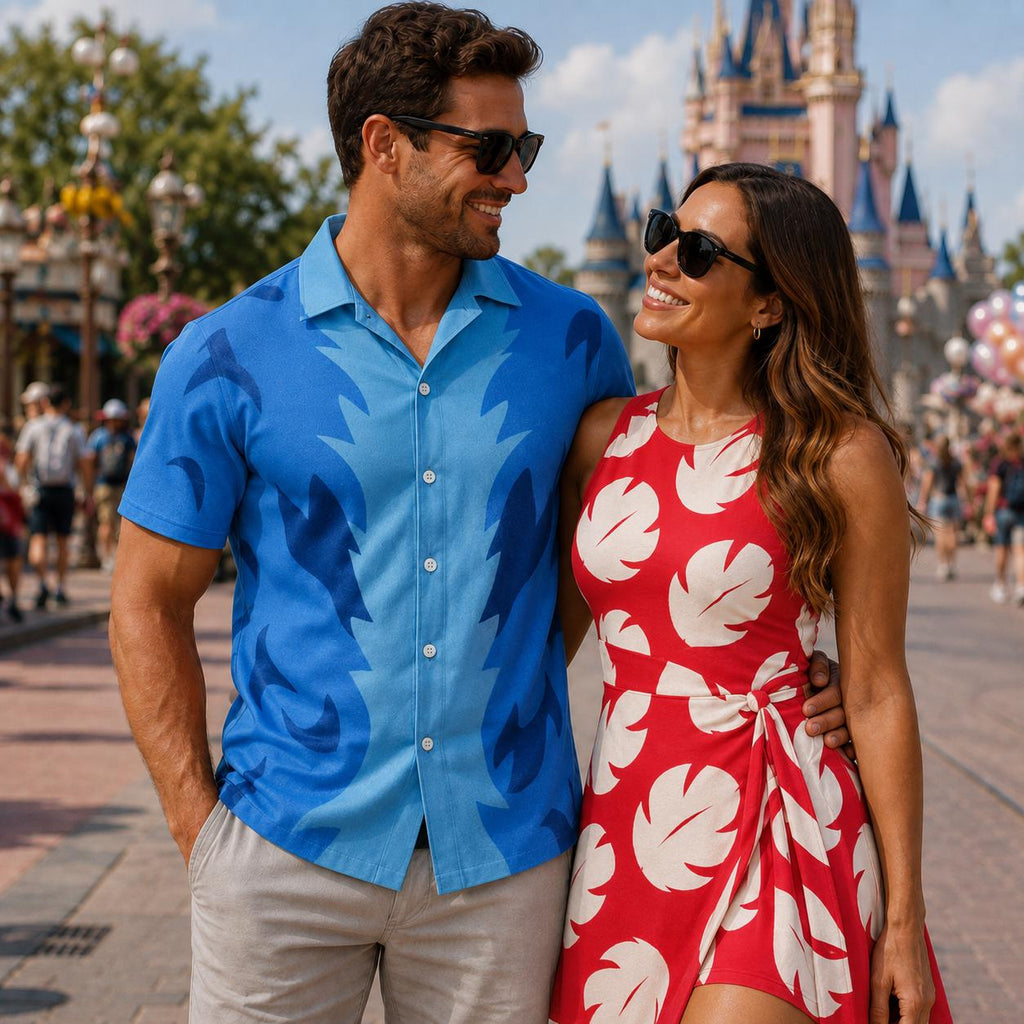 Stitch Inspired Couple Costume, Disney Halloween Dress, Lilo Dress And Stitch Hawaiian Shirt, Matching Couple Outfit, Disneyland Outfit