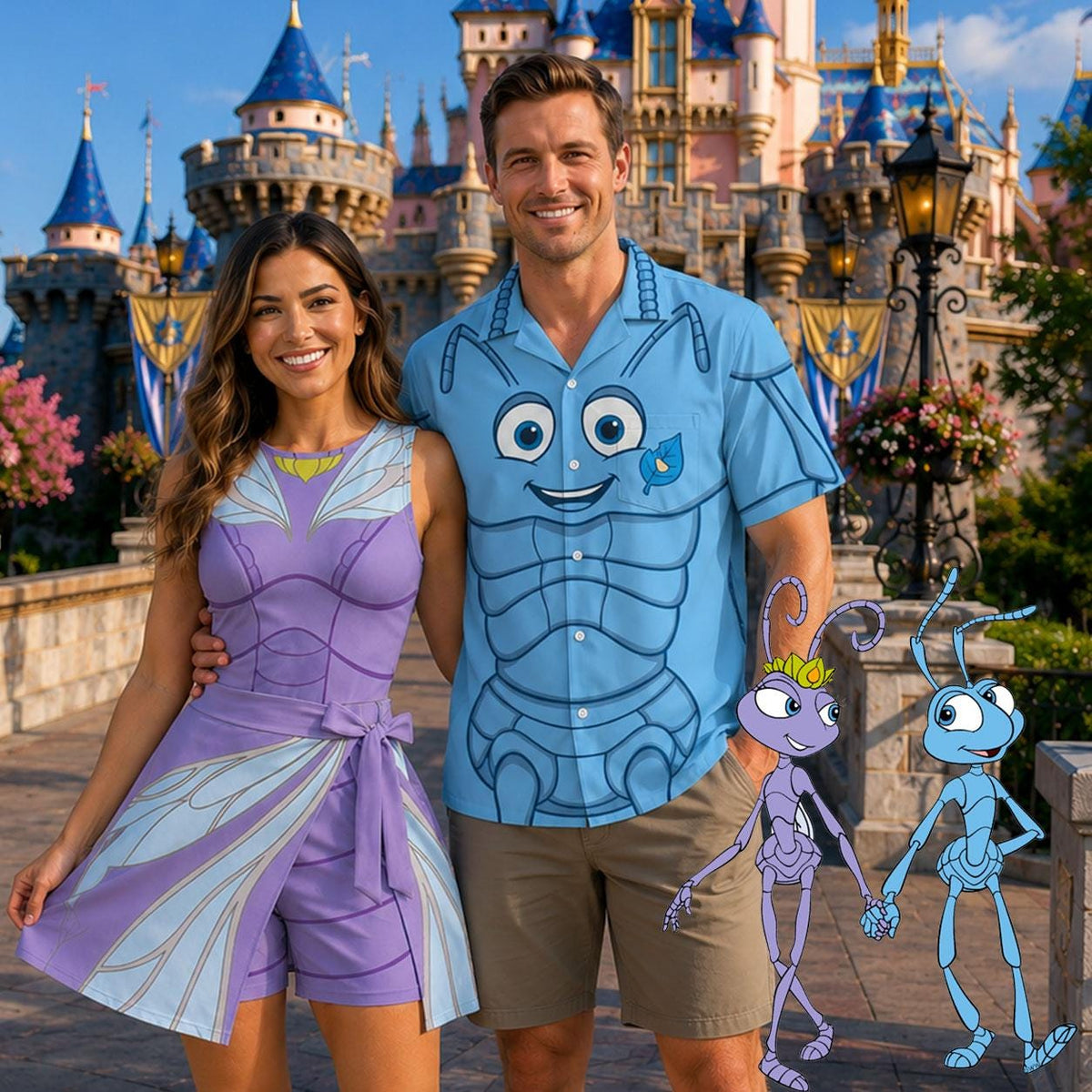 Princess Atta Wrap Skort Dress, Flik 3D Hawaiian Shirt, A Bugs Life Couples Costume, Halloween Cosplay Outfit, Theme Park Vacation Dress