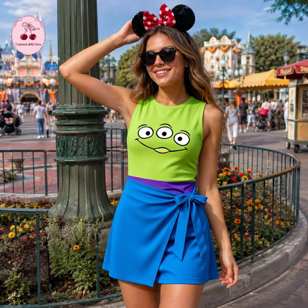 Toy Story Alien Tennis Dress, Halloween Cosplay Dress, Space Alien Inspired Outfit, Alien Face Group Dress, Pizza Planet Alien Dress