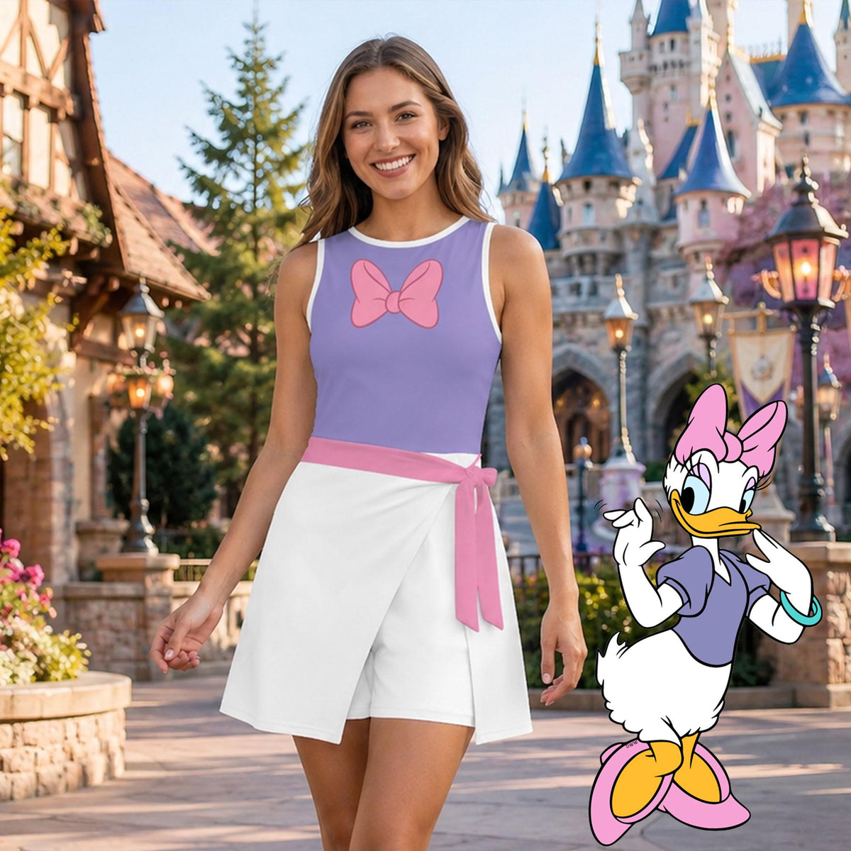 Daisy Duck Inspired Wrap Skort Dress, Purple White Duck Cosplay Dress, Theme Park Vacation Outfit, Halloween Costume Dress