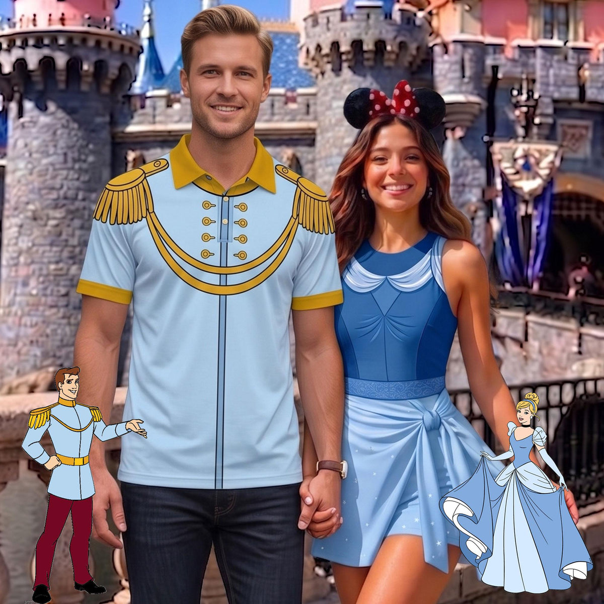 Cinderella and Prince Charming Matching Couple Outfit, Royal Princess Cosplay Polo Shirt and Wrap Skort Dress, Theme Park Vacation Gift