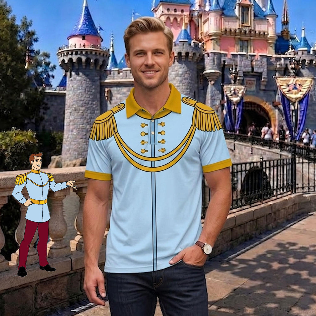 Cinderella and Prince Charming Matching Couple Outfit, Royal Princess Cosplay Polo Shirt and Wrap Skort Dress, Theme Park Vacation Gift