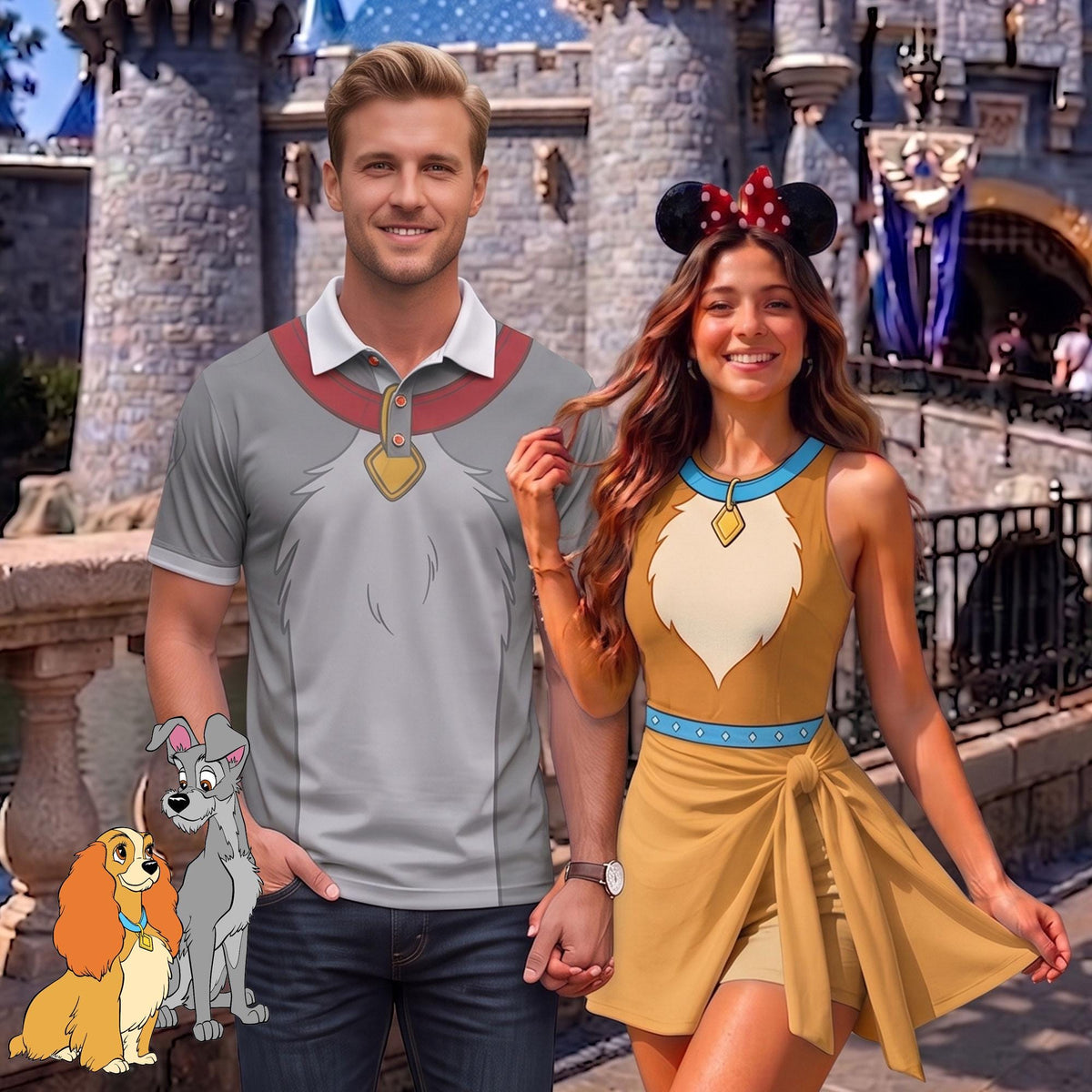 Lady and the Tramp Matching Couple Outfit, Puppy Love Cosplay Polo Shirt and Wrap Skort Dress, Theme Park Vacation Gift