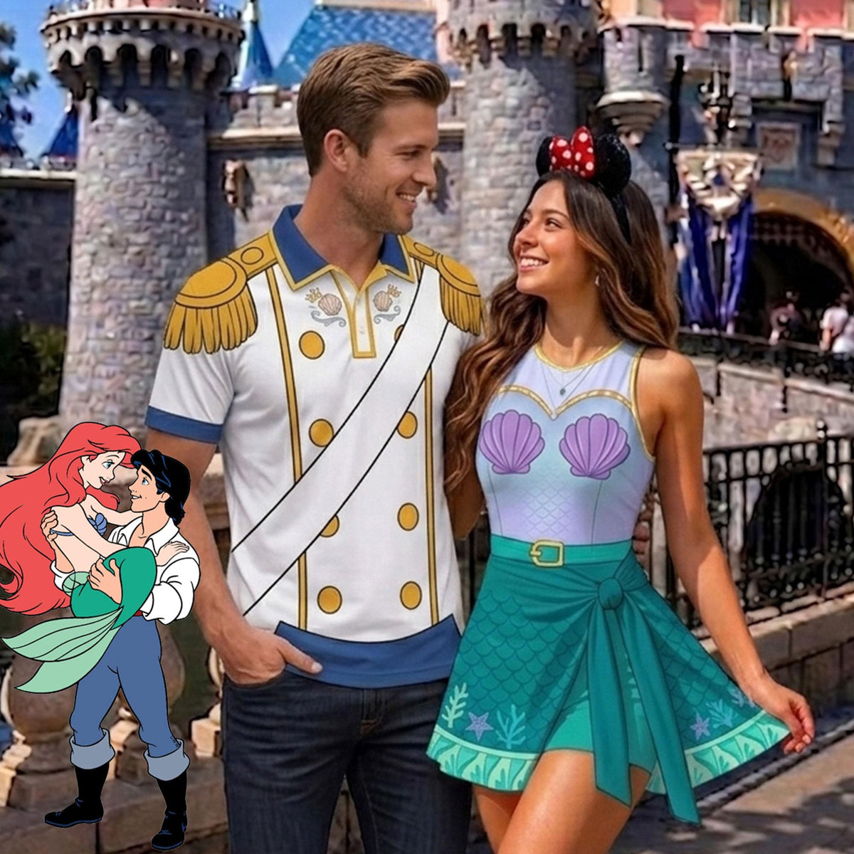 Ariel and Prince Eric Matching Couple Outfit, Little Mermaid Cosplay Polo Shirt and Wrap Skort Dress, Theme Park Vacation Gift