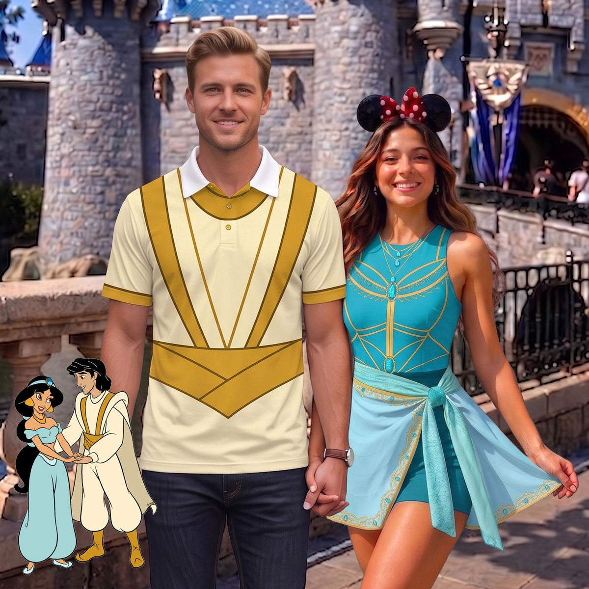 Aladdin and Jasmine Matching Couple Outfit, Arabian Princess Cosplay Polo Shirt and Wrap Skort Dress, Theme Park Vacation Gift