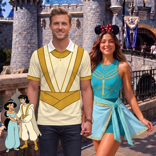 Aladdin and Jasmine Matching Couple Outfit, Arabian Princess Cosplay Polo Shirt and Wrap Skort Dress, Theme Park Vacation Gift