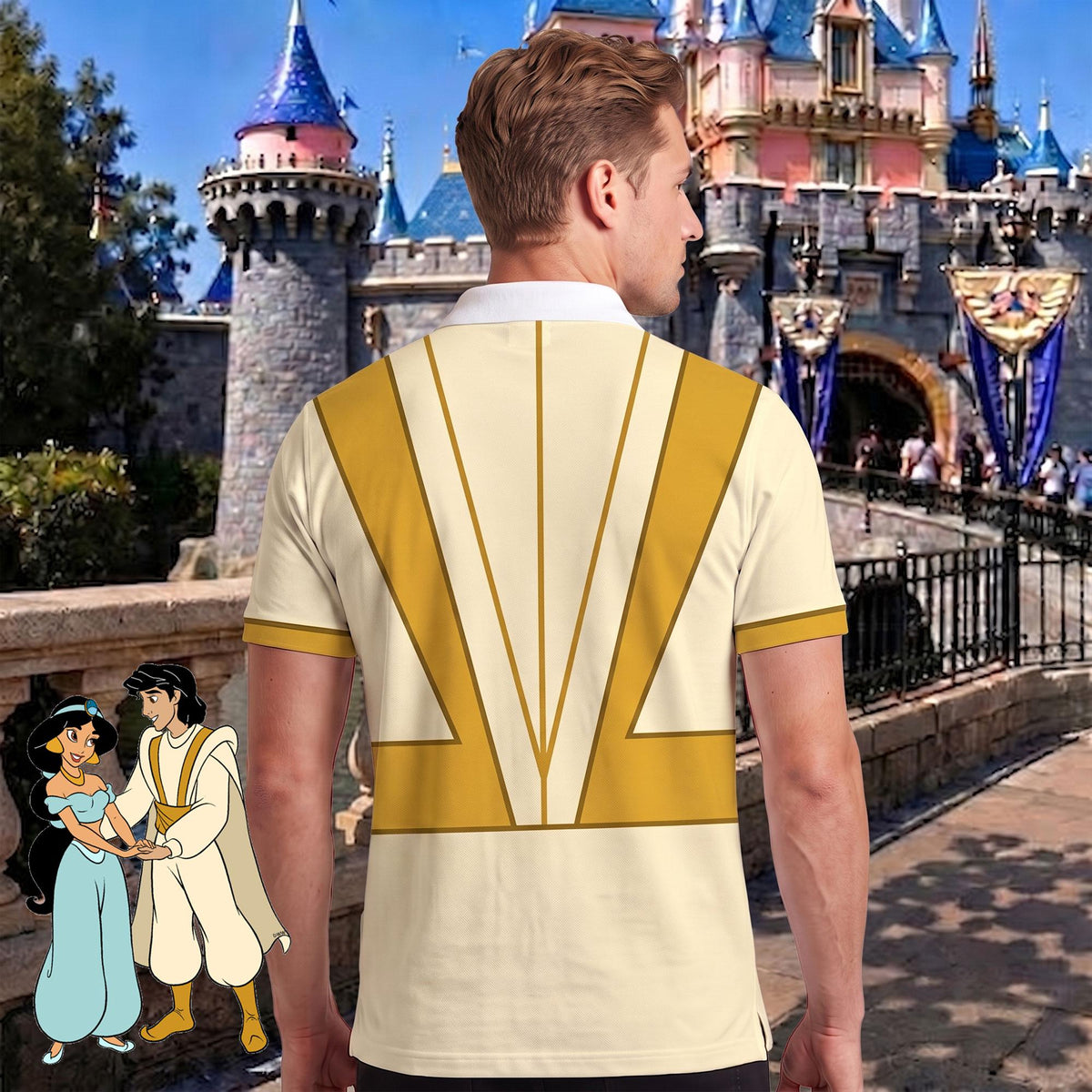 Aladdin and Jasmine Matching Couple Outfit, Arabian Princess Cosplay Polo Shirt and Wrap Skort Dress, Theme Park Vacation Gift