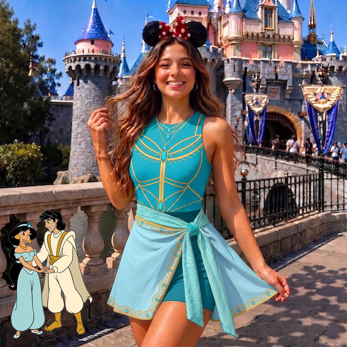 Aladdin and Jasmine Matching Couple Outfit, Arabian Princess Cosplay Polo Shirt and Wrap Skort Dress, Theme Park Vacation Gift