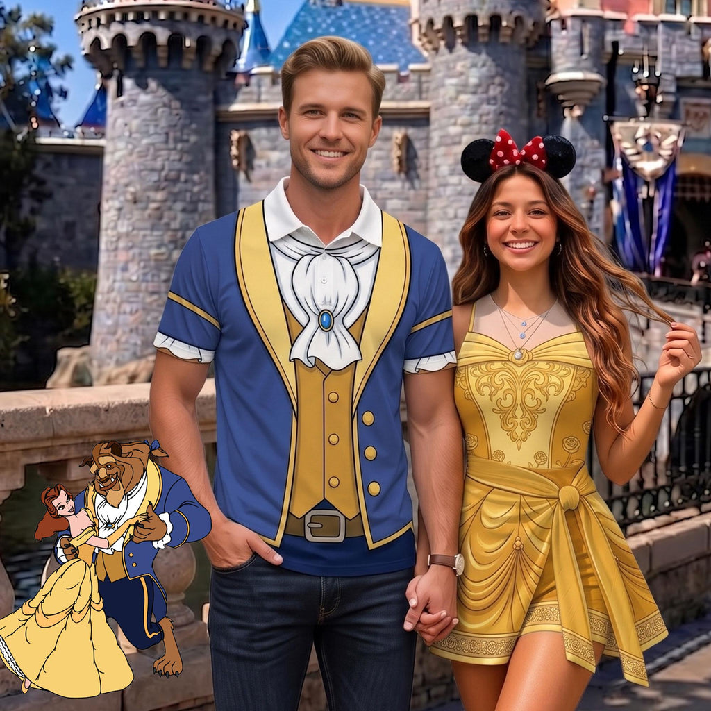 Belle and Beast Matching Couple Outfit, Beauty and the Beast Princess Cosplay Polo Shirt and Wrap Skort Dress, Theme Park Vacation Gift