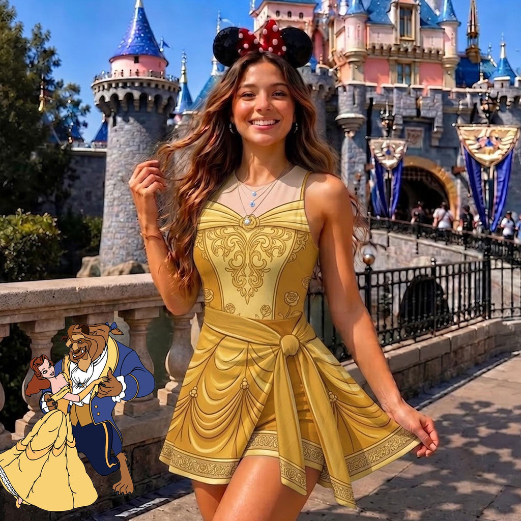 Belle and Beast Matching Couple Outfit, Beauty and the Beast Princess Cosplay Polo Shirt and Wrap Skort Dress, Theme Park Vacation Gift