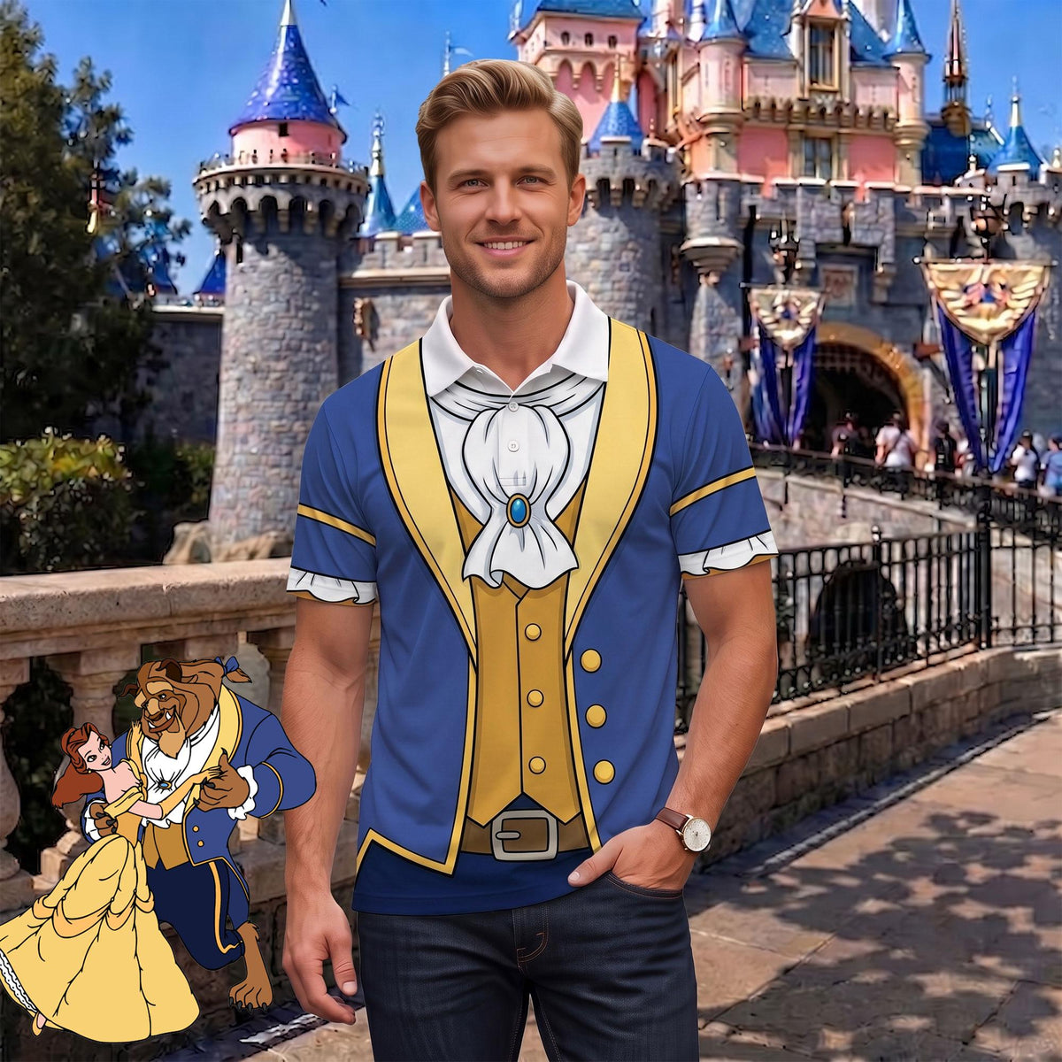 Belle and Beast Matching Couple Outfit, Beauty and the Beast Princess Cosplay Polo Shirt and Wrap Skort Dress, Theme Park Vacation Gift