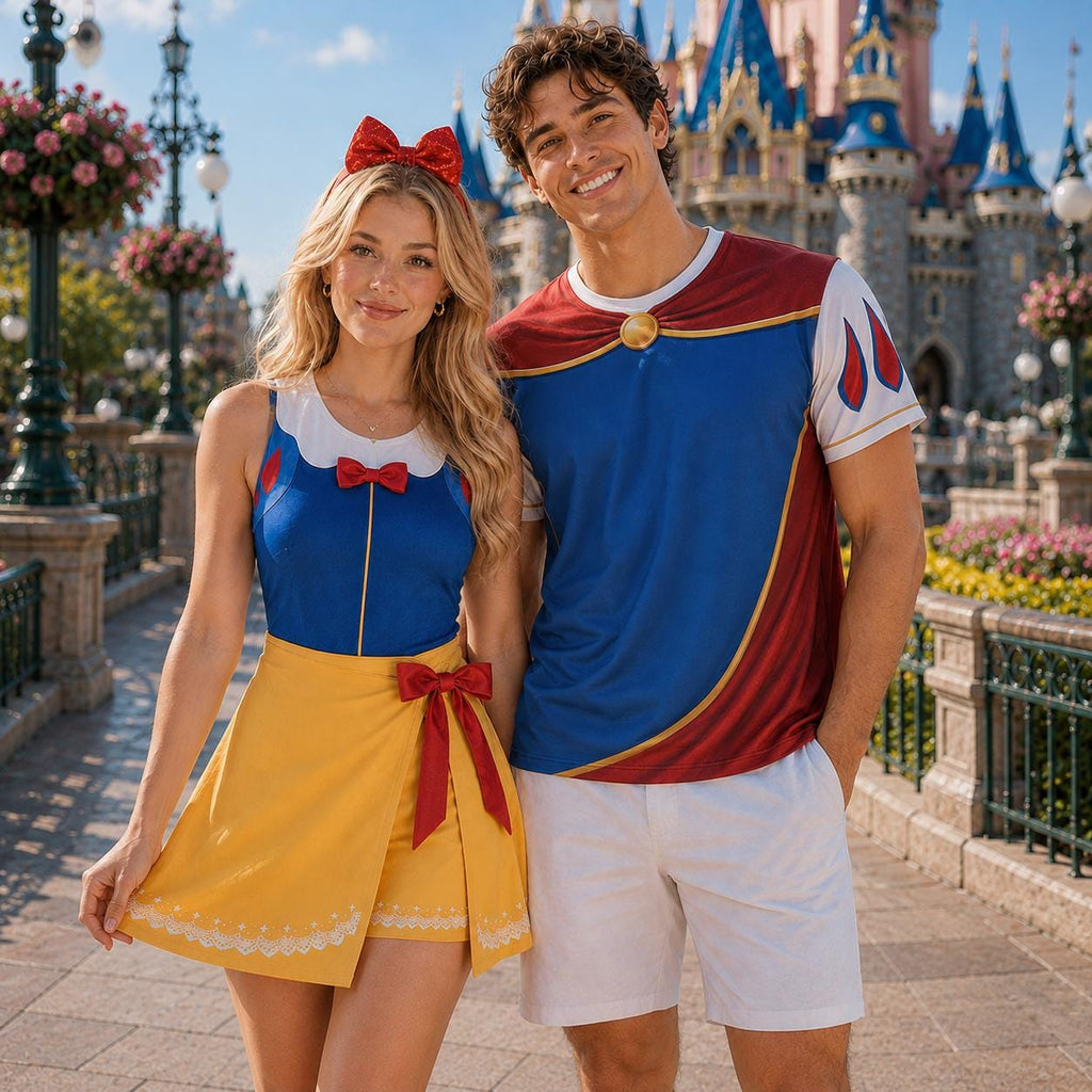 Snow White and The Prince Couple Costume, Snow White Wrap Skort Dress, Prince 3D T-Shirt, Matching Halloween Costume, Couples Cosplay