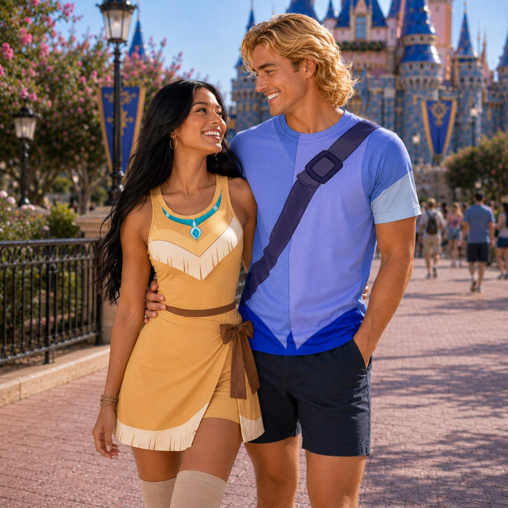 Pocahontas Princess and John Smith Matching Couple Outfit, Pocahontas Halloween Costume Cosplay, Movie Cosplay T-Shirt and Tennis Dress