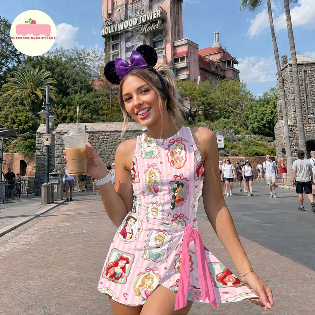 Striped Coquette Bow Disney Princess Christmas Tennis Dress, Very Merry Christmas Party Disney Xmas Lights Women Kids Costume Dress Skirt