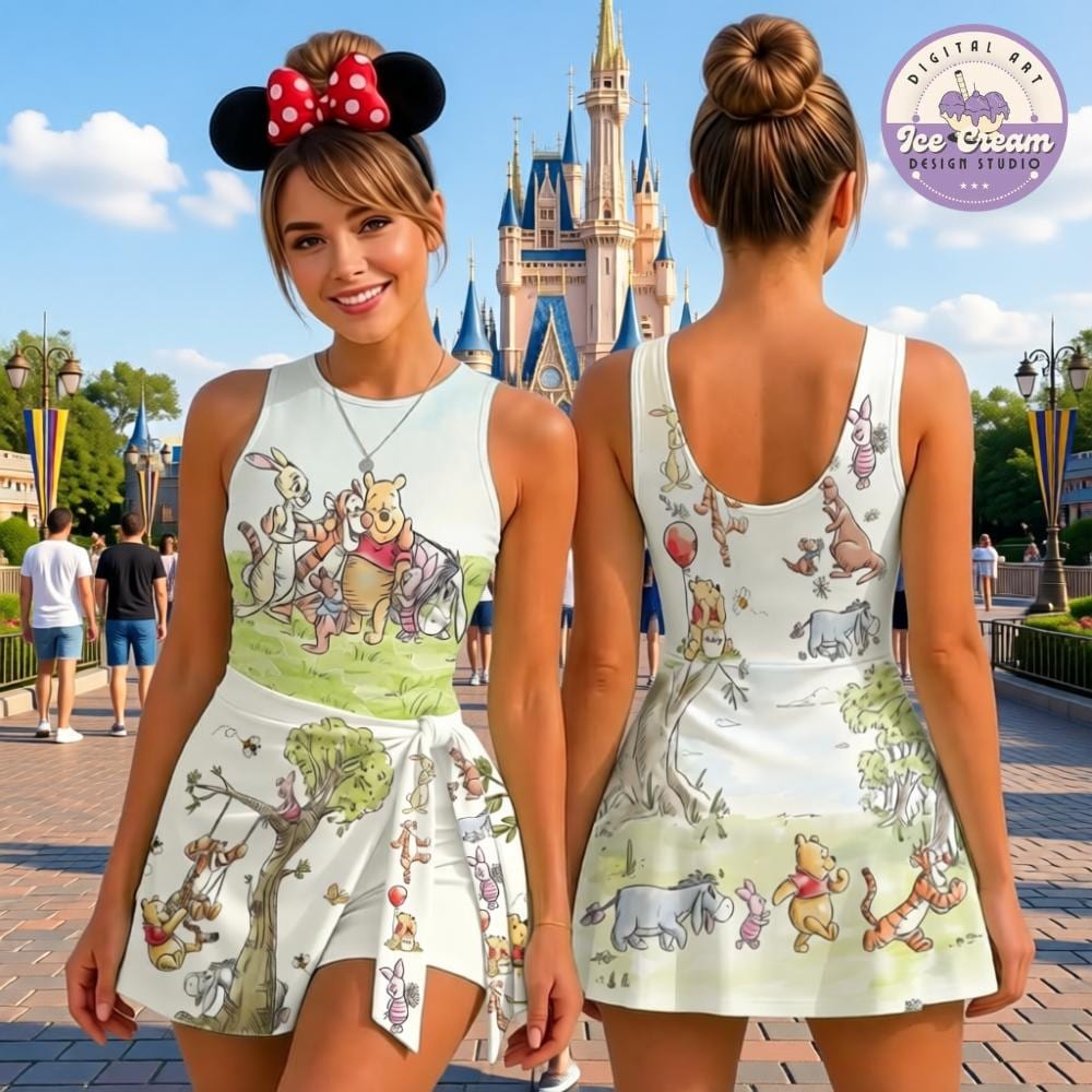 Disney Winnie The Pooh Costume Wrap Skort Dress, Pooh Bear and Friends Tennis Dress, Piglet Togger Eeyore Pooh Mom Daughter Dress Matching